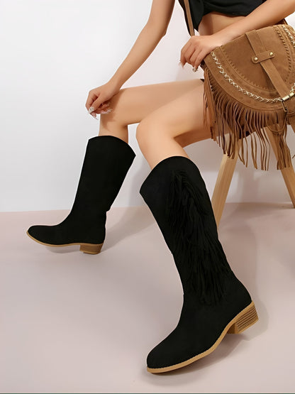 Faux Suede Tasseled Cowgirl Knee High Boots