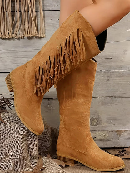 Faux Suede Tasseled Cowgirl Knee High Boots