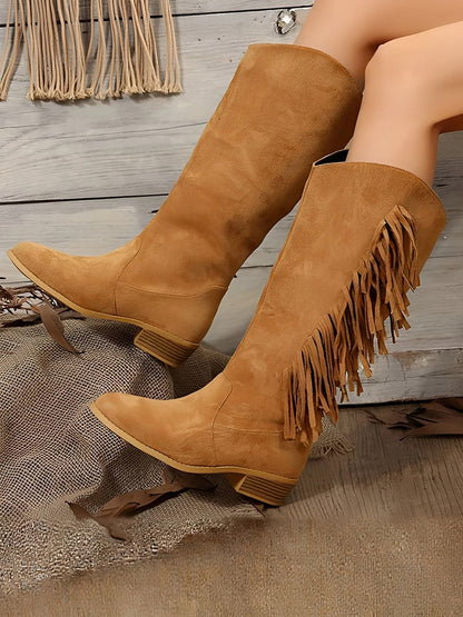 Faux Suede Tasseled Cowgirl Knee High Boots