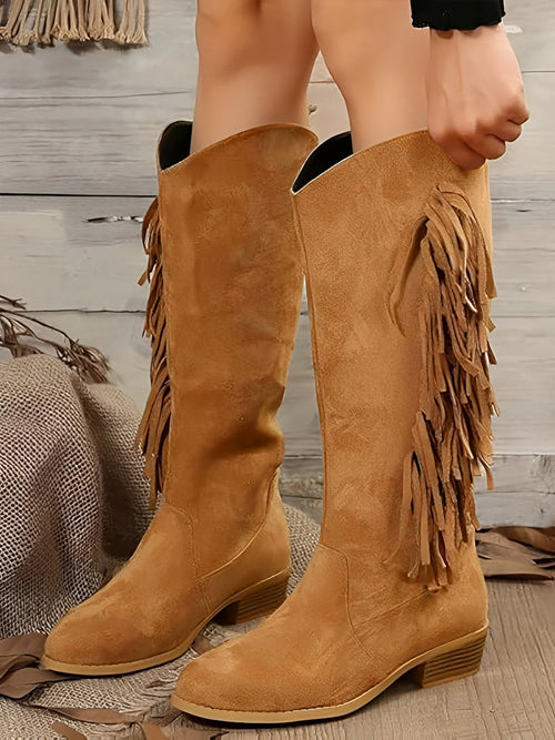 Faux Suede Tasseled Cowgirl Knee High Boots