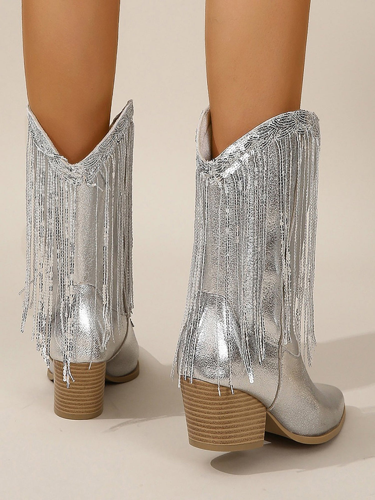 Metallic Sequined Tasseled Chunky Heels Cowgirl Mid-Calf Boots