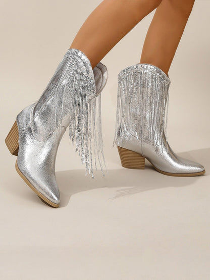 Metallic Sequined Tasseled Chunky Heels Cowgirl Mid-Calf Boots