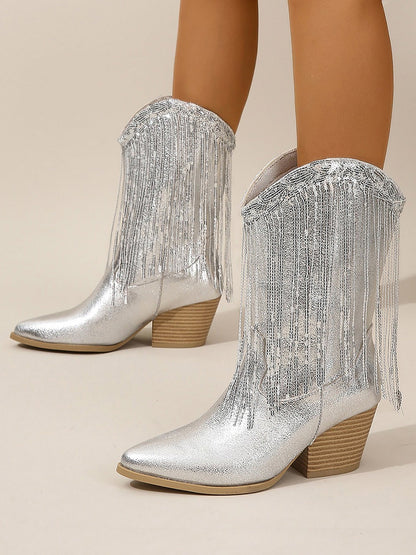 Metallic Sequined Tasseled Chunky Heels Cowgirl Mid-Calf Boots