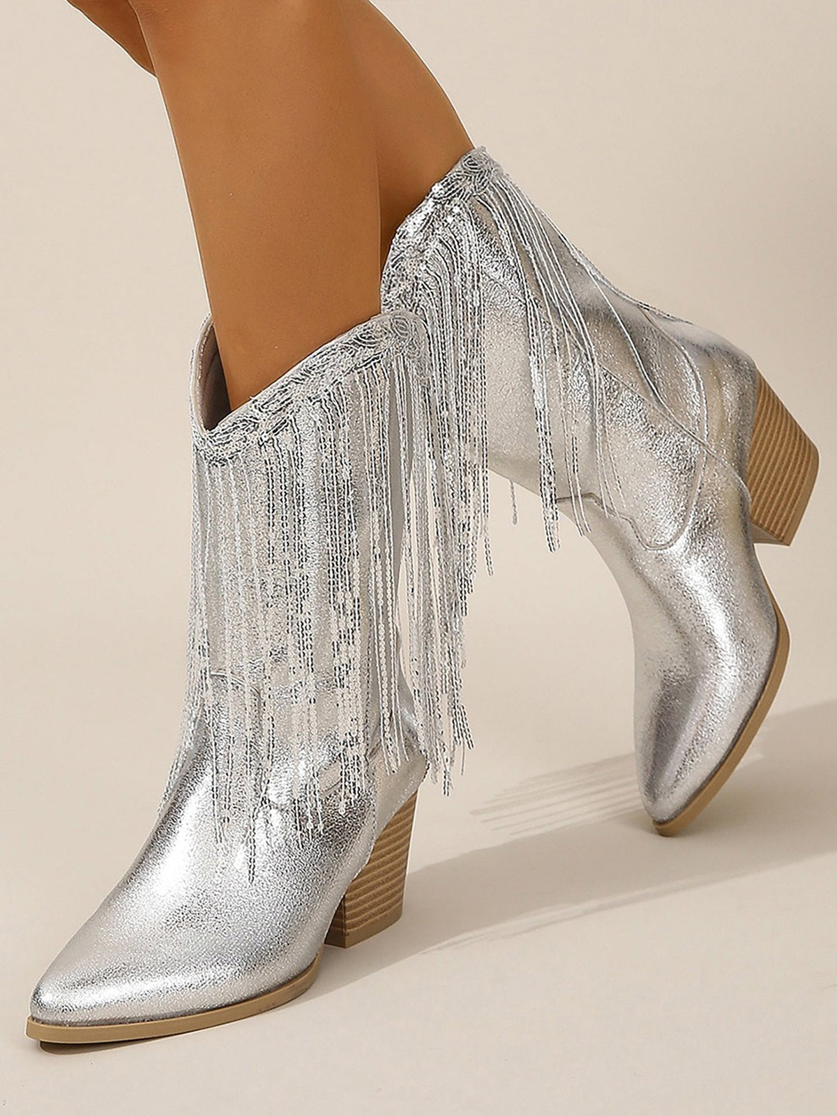 Metallic Sequined Tasseled Chunky Heels Cowgirl Mid-Calf Boots