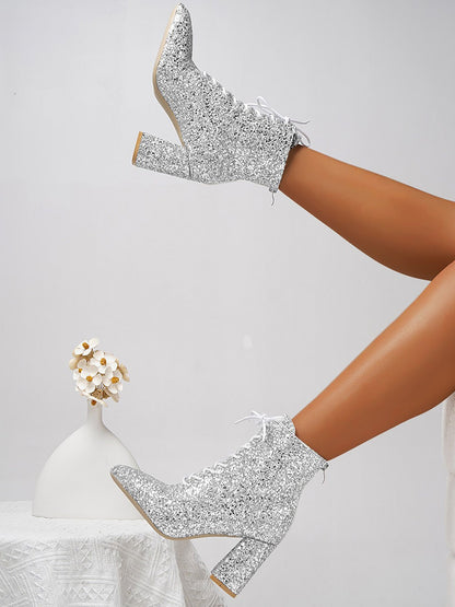 Sequined Glitter Thick Heels Pointed Toe Ankle Boots