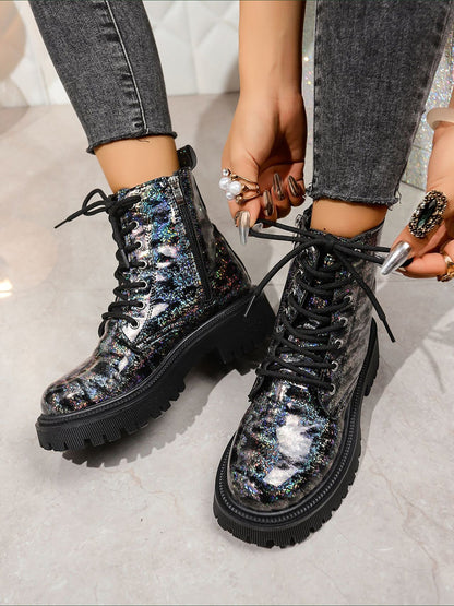 Colorful Round Toe Lace-Up Side Zipper Martin Boots