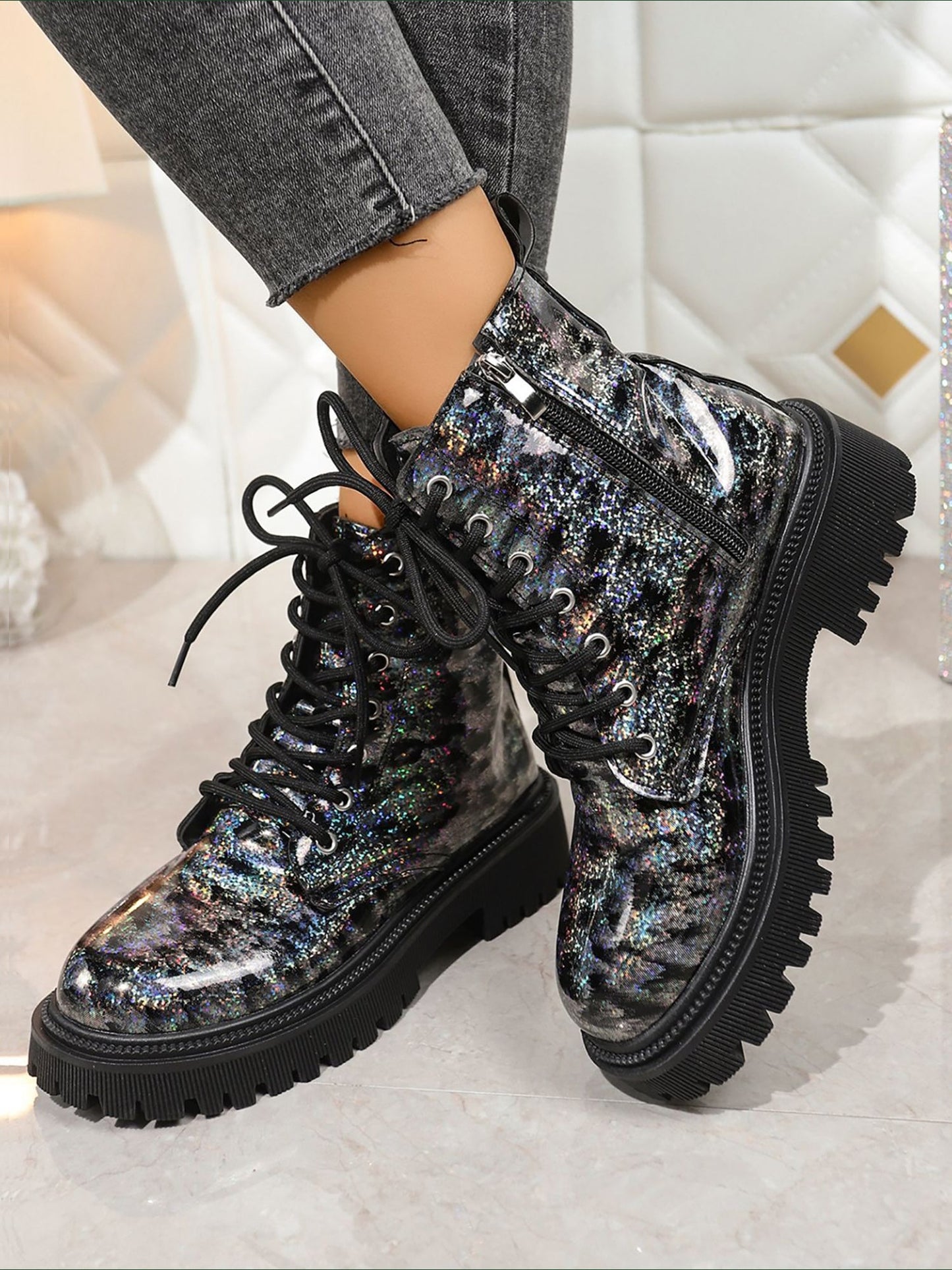 Colorful Round Toe Lace-Up Side Zipper Martin Boots