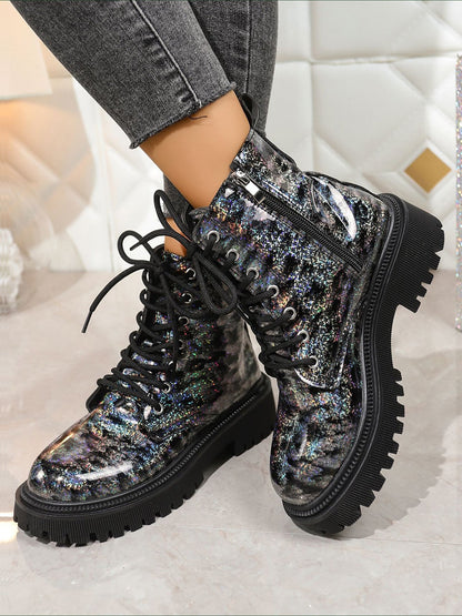 Colorful Round Toe Lace-Up Side Zipper Martin Boots