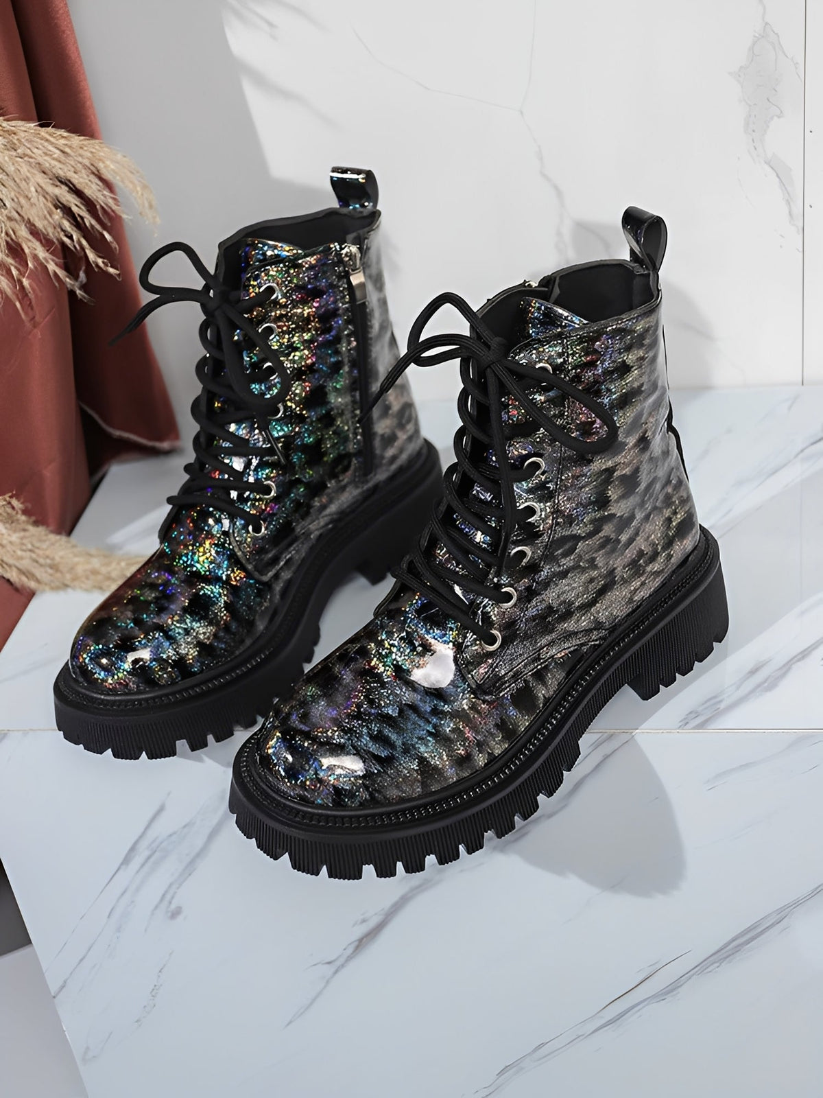 Colorful Round Toe Lace-Up Side Zipper Martin Boots