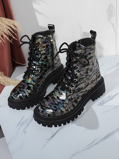 Colorful Round Toe Lace-Up Side Zipper Martin Boots