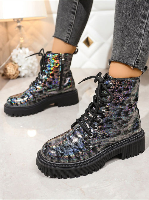 Colorful Round Toe Lace-Up Side Zipper Martin Boots