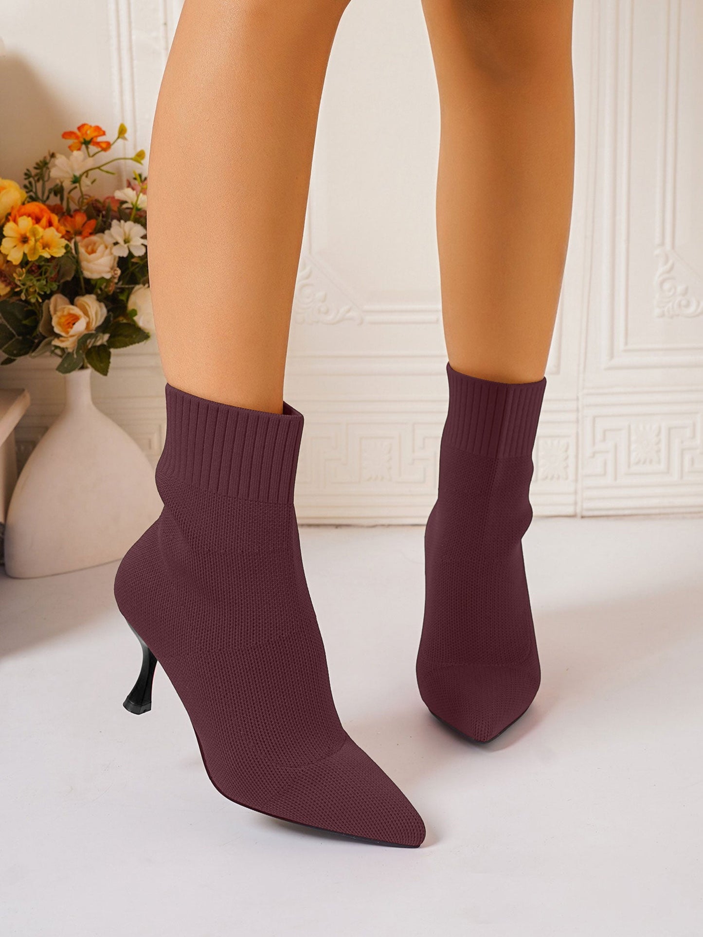 Knitted Pointed Toe Stiletto High Heel Ankle Boots