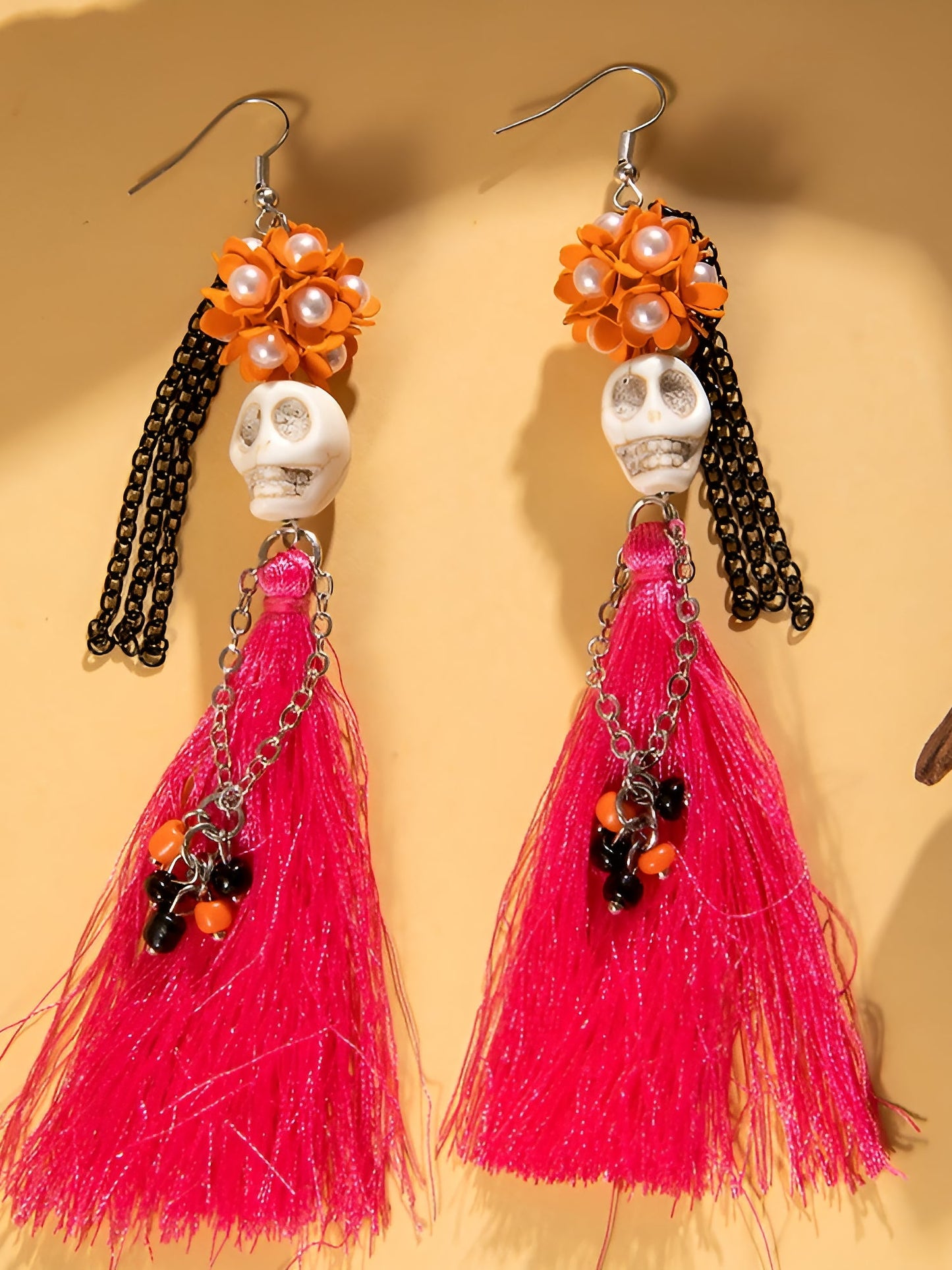 Halloween Fun Skull Tassel Beaded Dangle Earrings