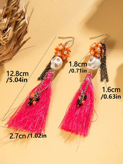 Halloween Fun Skull Tassel Beaded Dangle Earrings