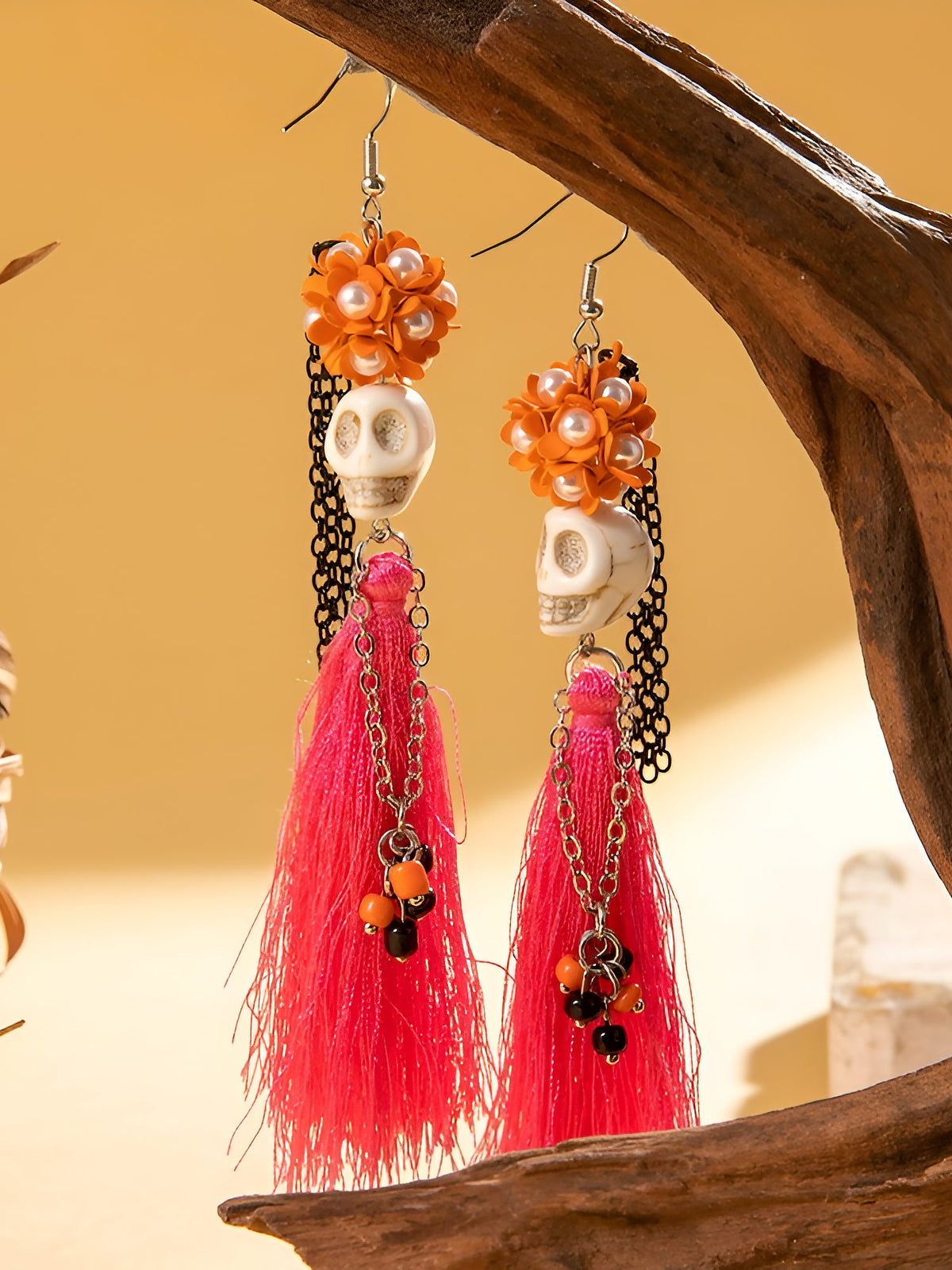Halloween Fun Skull Tassel Beaded Dangle Earrings