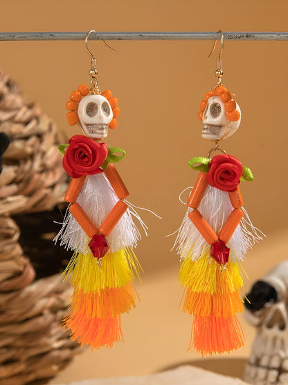 Halloween Fun Skull Tassel Beaded Dangle Earrings