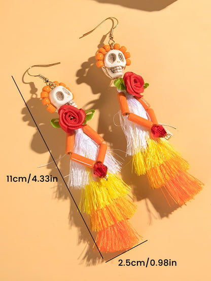 Halloween Fun Skull Tassel Beaded Dangle Earrings