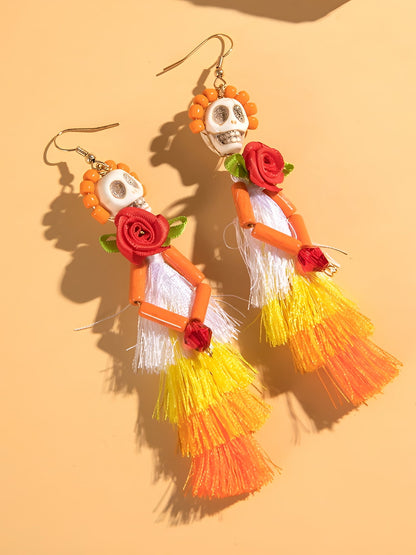 Halloween Fun Skull Tassel Beaded Dangle Earrings