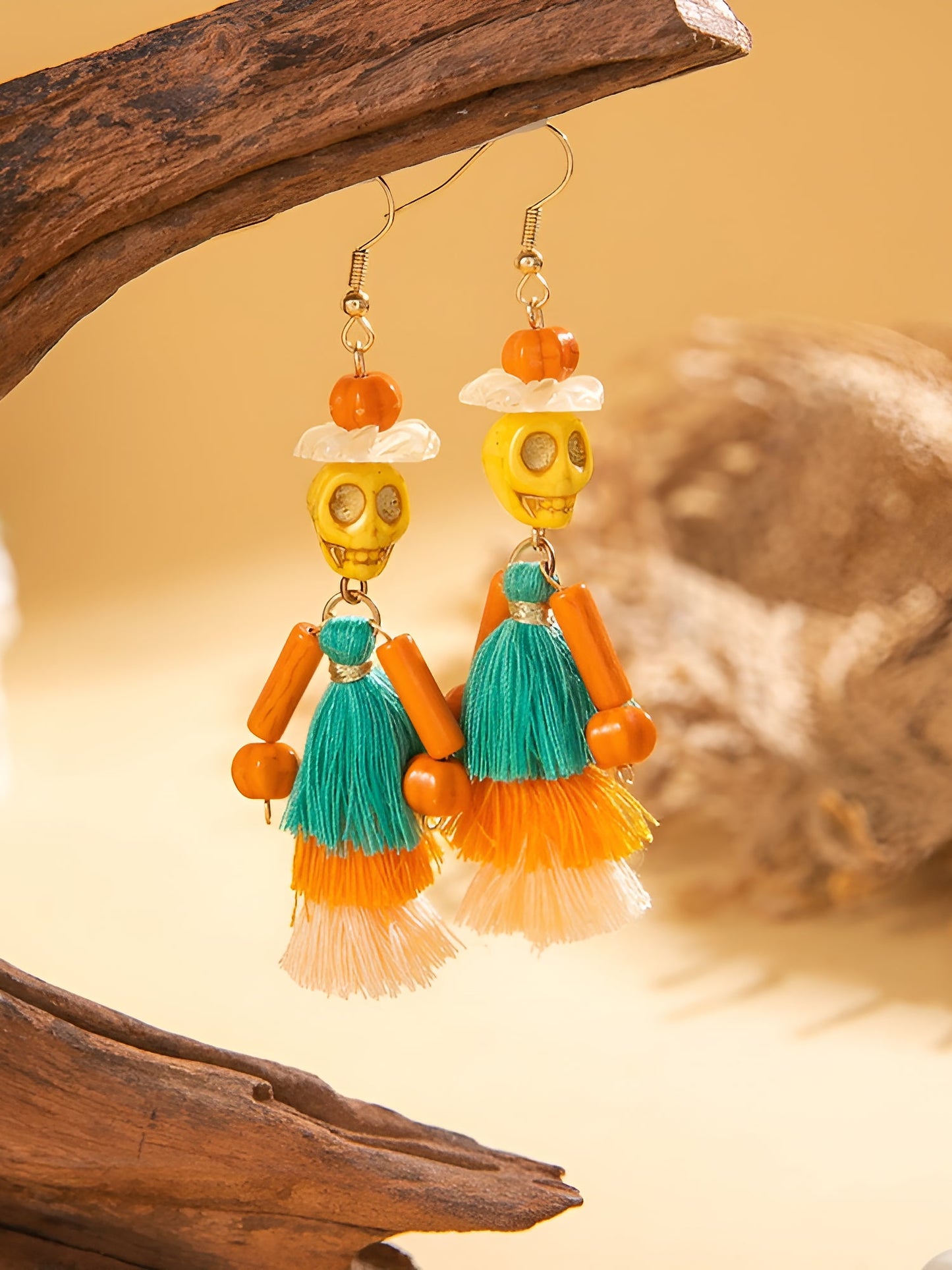 Halloween Fun Skull Tassel Beaded Dangle Earrings