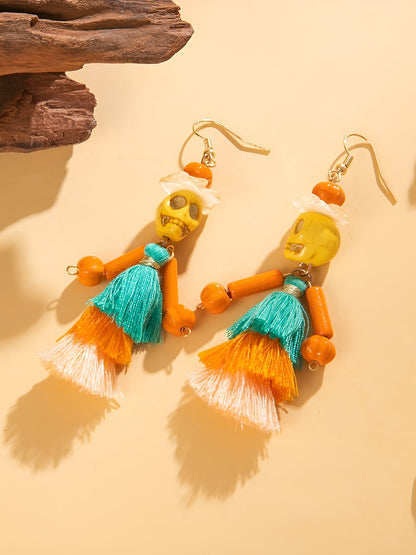 Halloween Fun Skull Tassel Beaded Dangle Earrings
