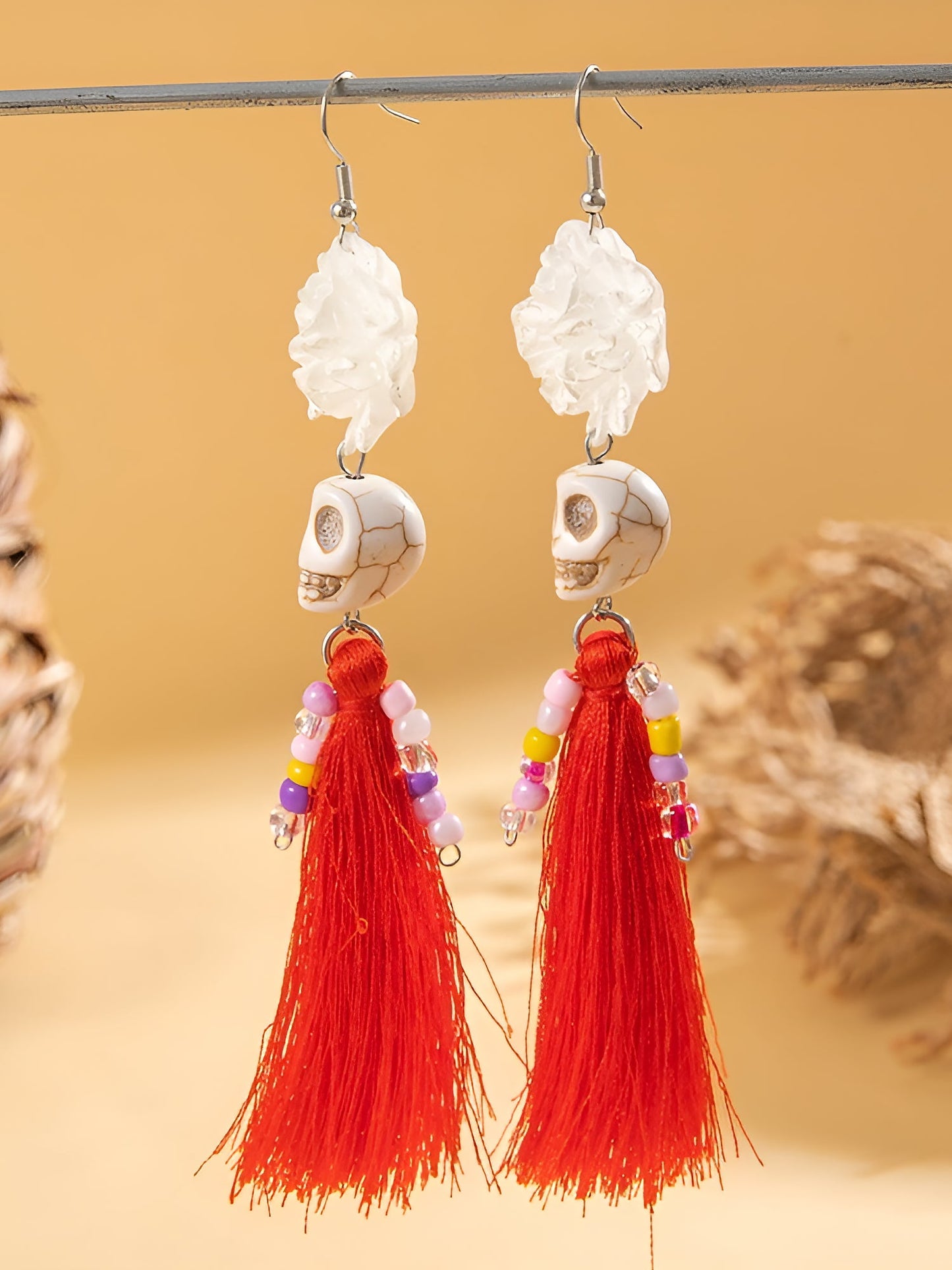 Halloween Fun Skull Tassel Beaded Dangle Earrings