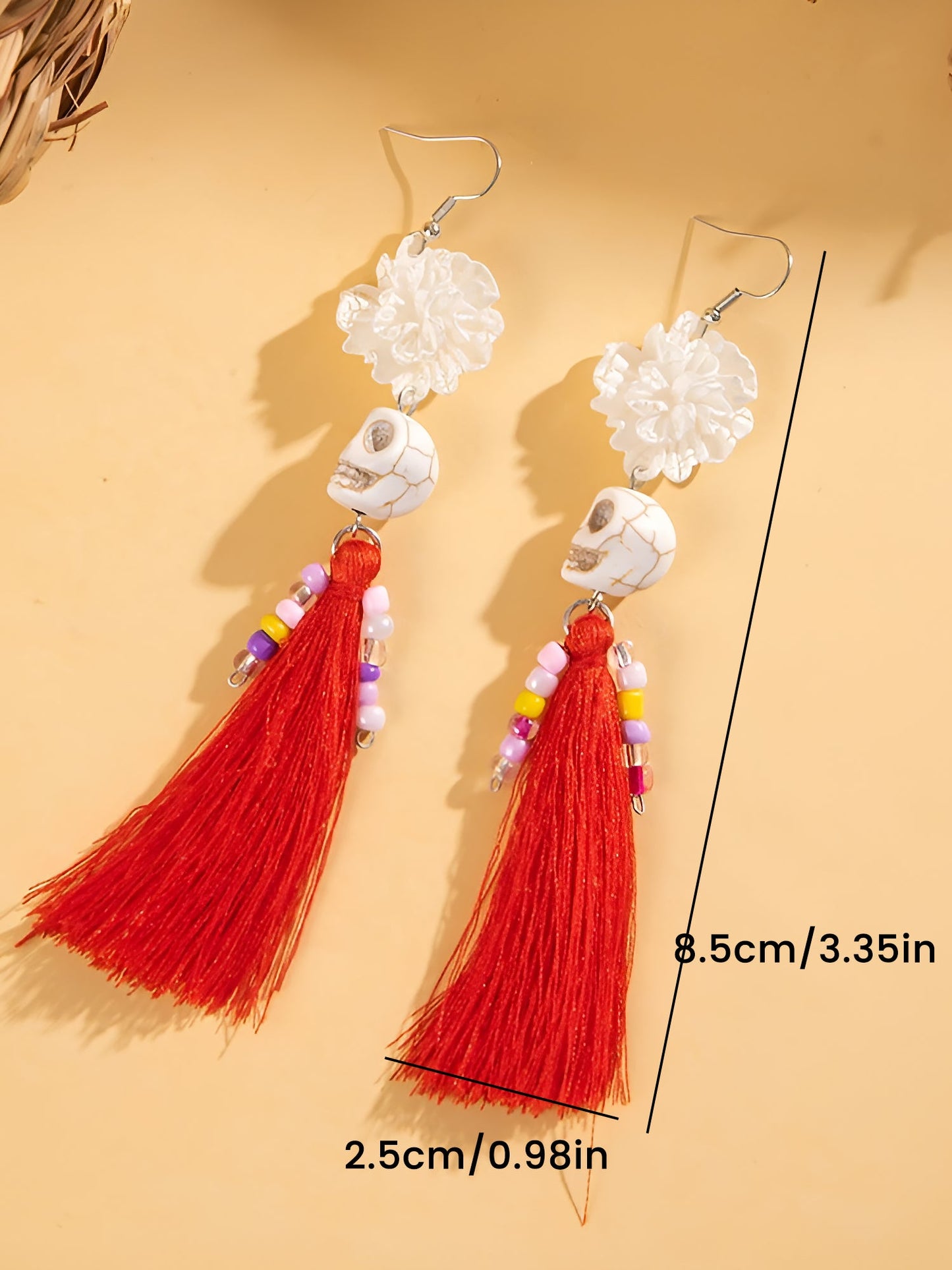 Halloween Fun Skull Tassel Beaded Dangle Earrings
