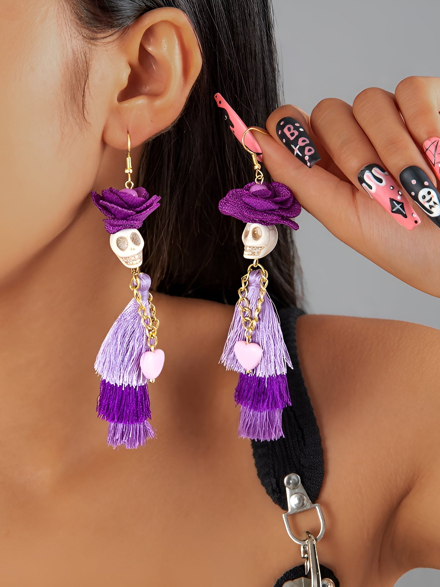 Halloween Fun Skull Tassel Beaded Dangle Earrings