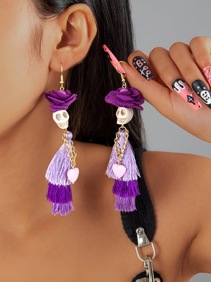 Halloween Fun Skull Tassel Beaded Dangle Earrings