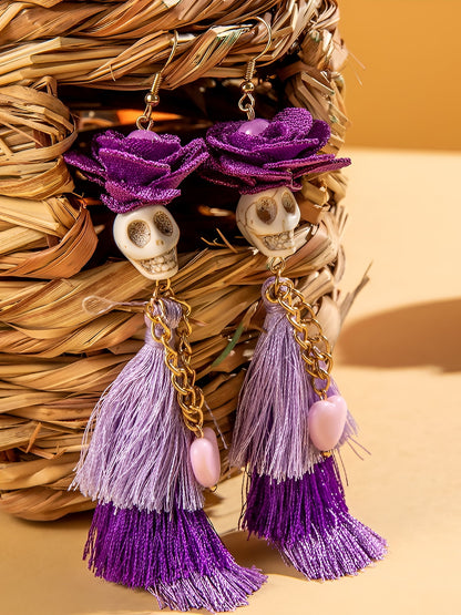 Halloween Fun Skull Tassel Beaded Dangle Earrings