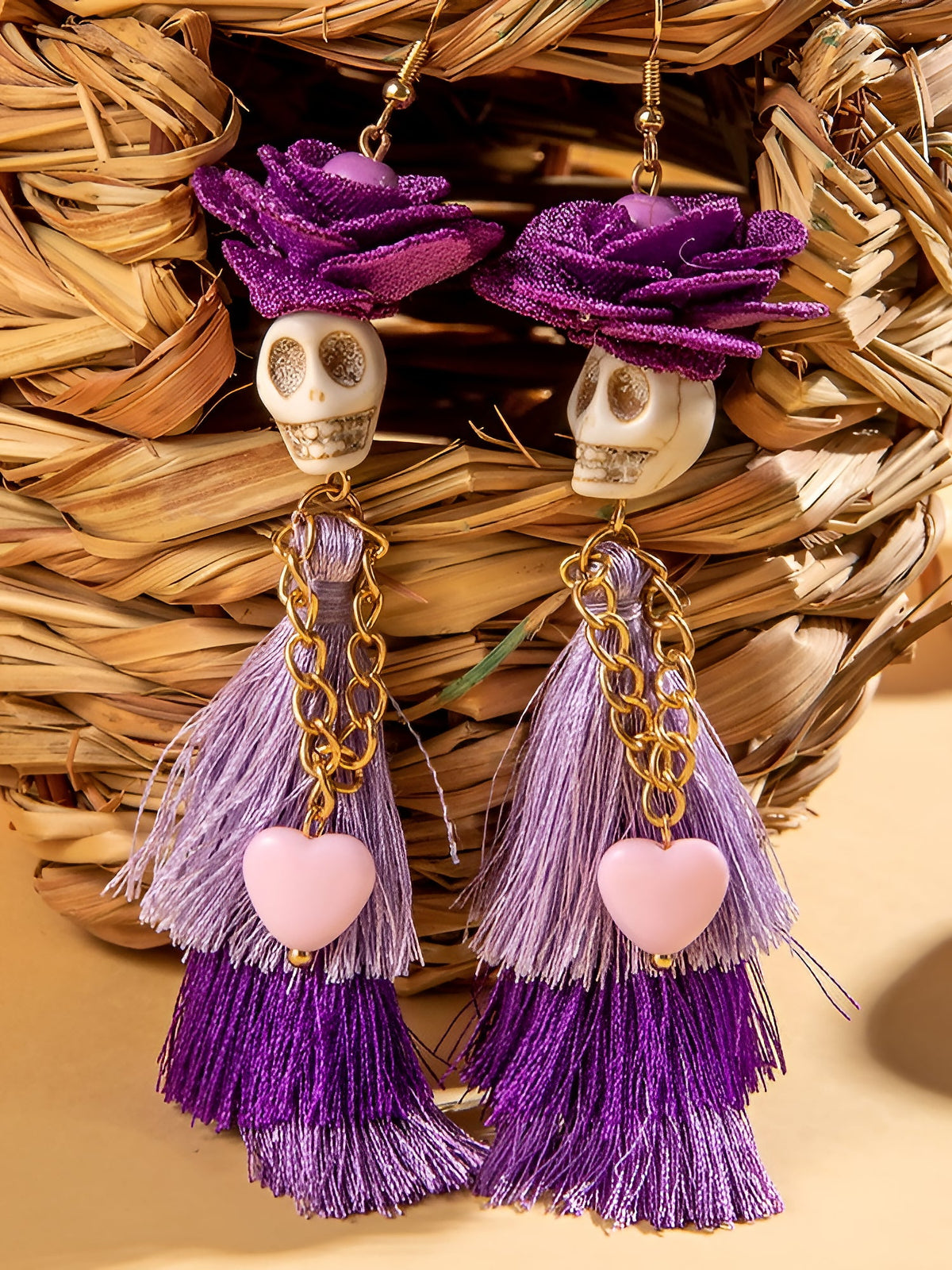 Halloween Fun Skull Tassel Beaded Dangle Earrings