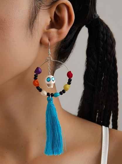 Halloween Fun Skull Tassel Beaded Dangle Earrings