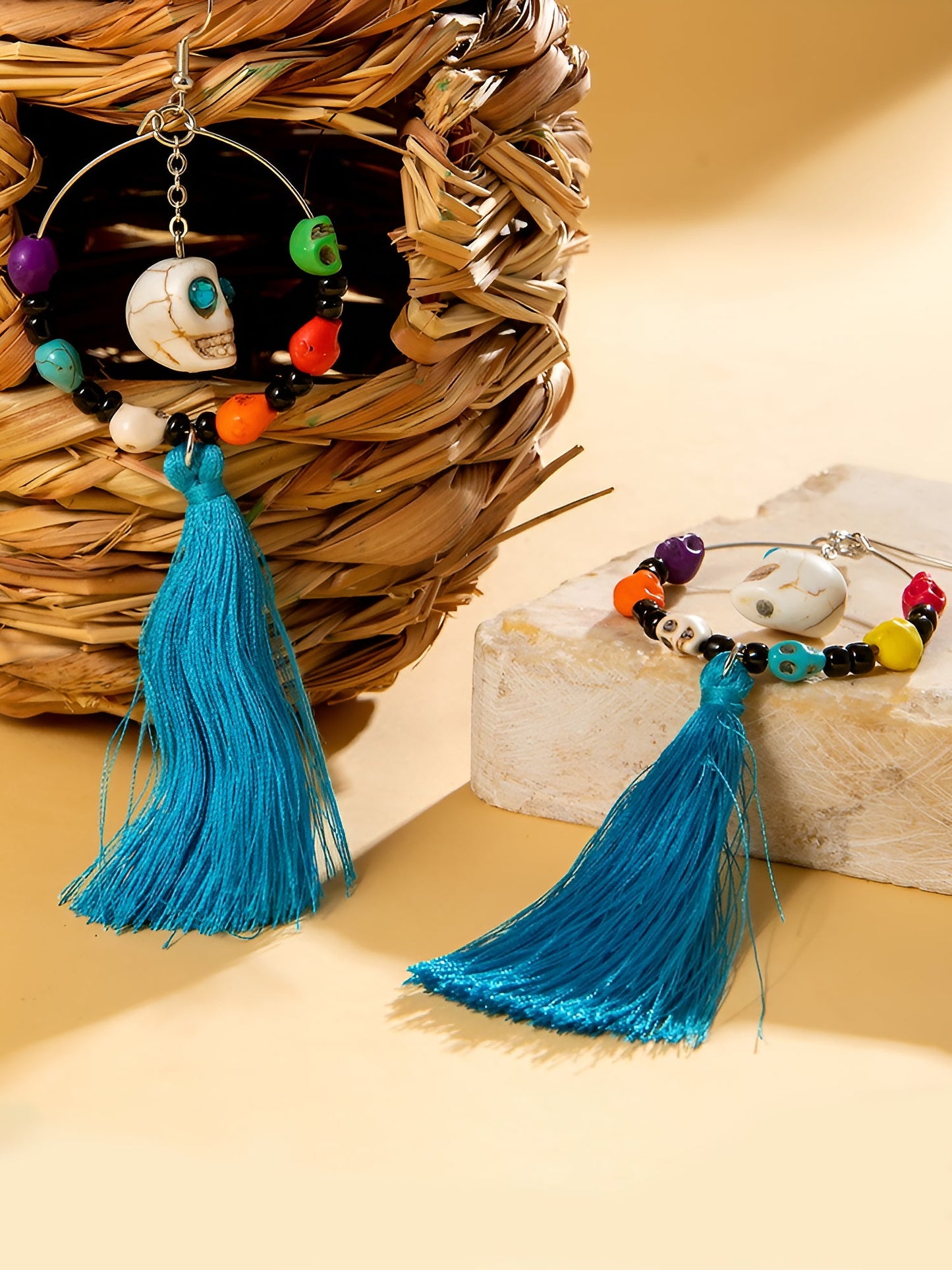Halloween Fun Skull Tassel Beaded Dangle Earrings