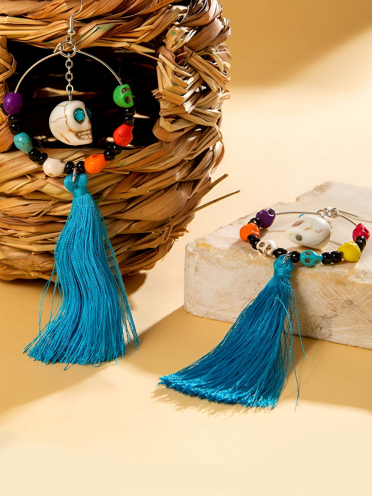 Halloween Fun Skull Tassel Beaded Dangle Earrings