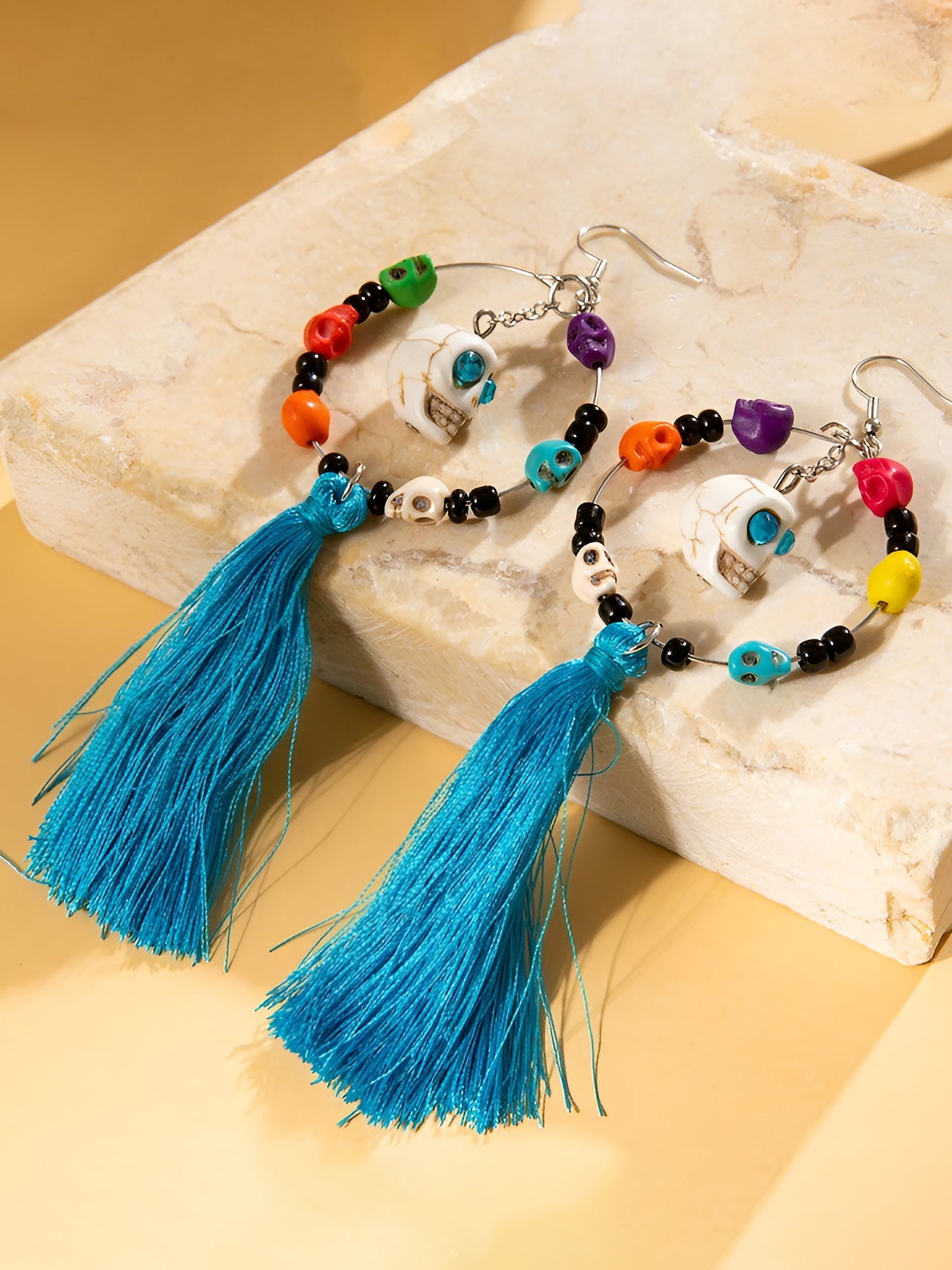 Halloween Fun Skull Tassel Beaded Dangle Earrings