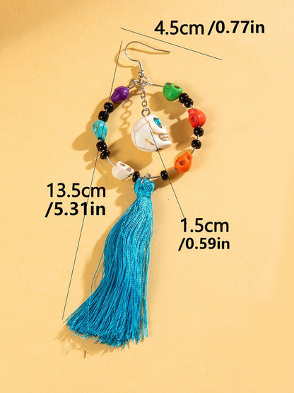 Halloween Fun Skull Tassel Beaded Dangle Earrings