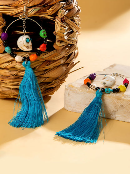 Halloween Fun Skull Tassel Beaded Dangle Earrings