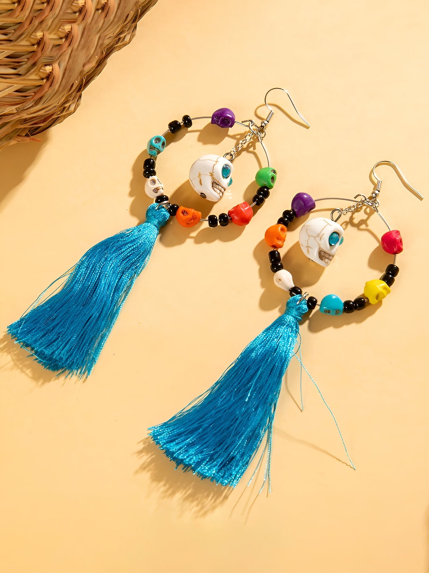 Halloween Fun Skull Tassel Beaded Dangle Earrings