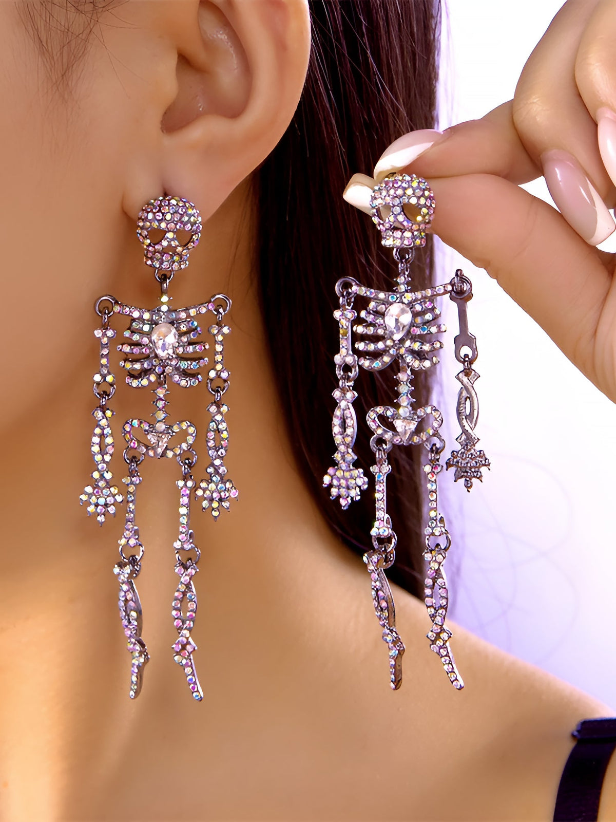 Halloween Full Skeleton Skull Diamond Glittering Earrings