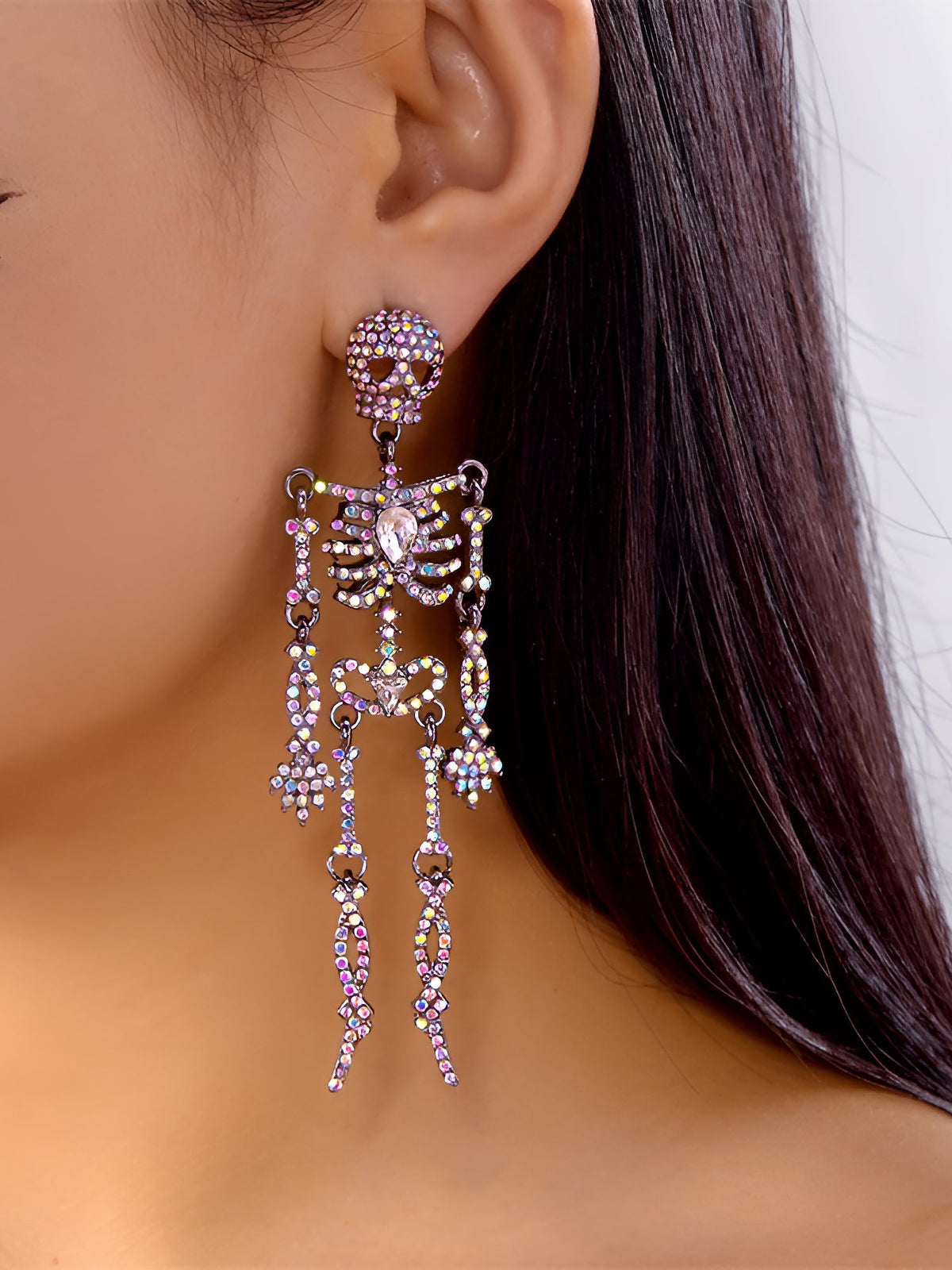 Halloween Full Skeleton Skull Diamond Glittering Earrings