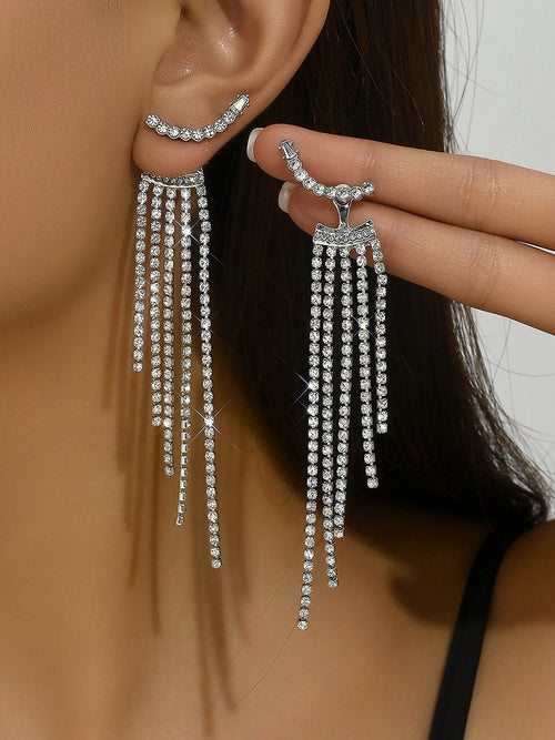 Alloy Faux Diamonds Long Tassel Earrings