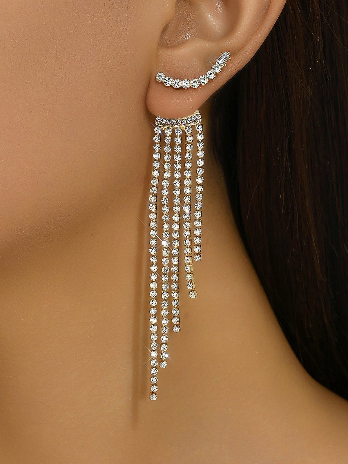 Alloy Faux Diamonds Long Tassel Earrings