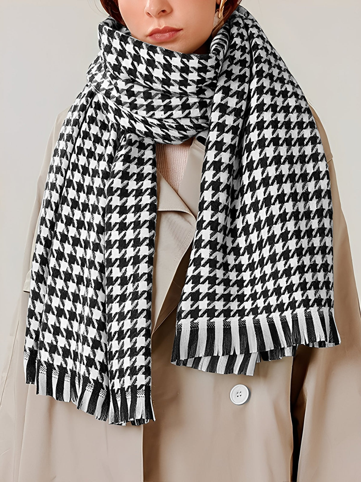 Fall Winter Houndstooth Tasseled Scarf