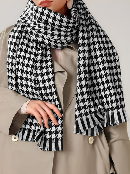 Fall Winter Houndstooth Tasseled Scarf