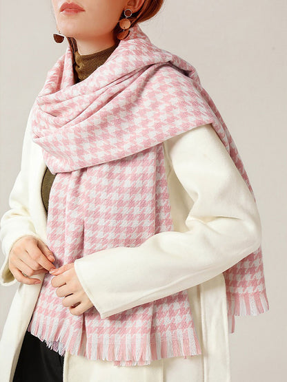 Fall Winter Houndstooth Tasseled Scarf