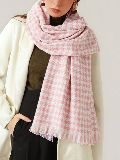 Fall Winter Houndstooth Tasseled Scarf
