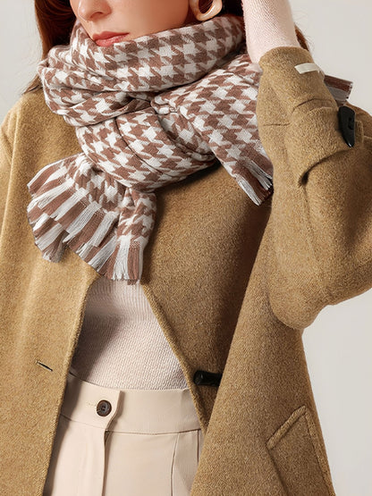 Fall Winter Houndstooth Tasseled Scarf