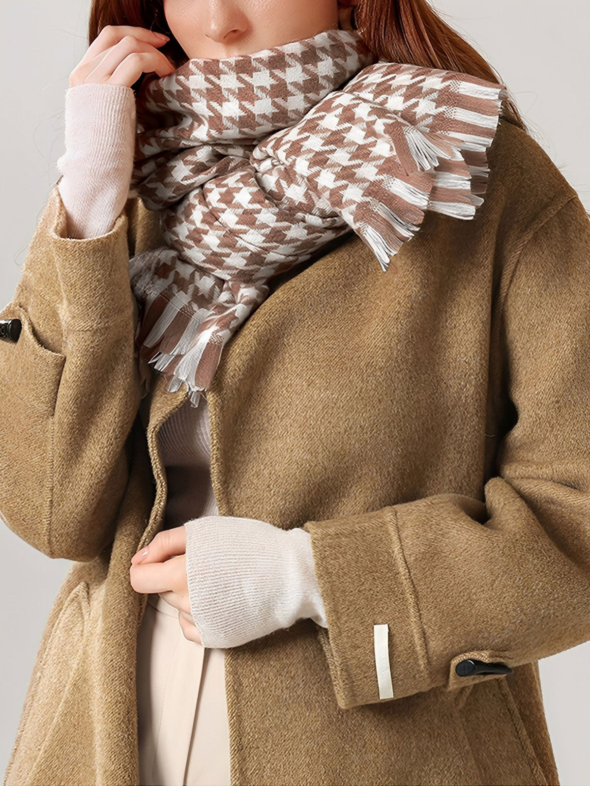 Fall Winter Houndstooth Tasseled Scarf