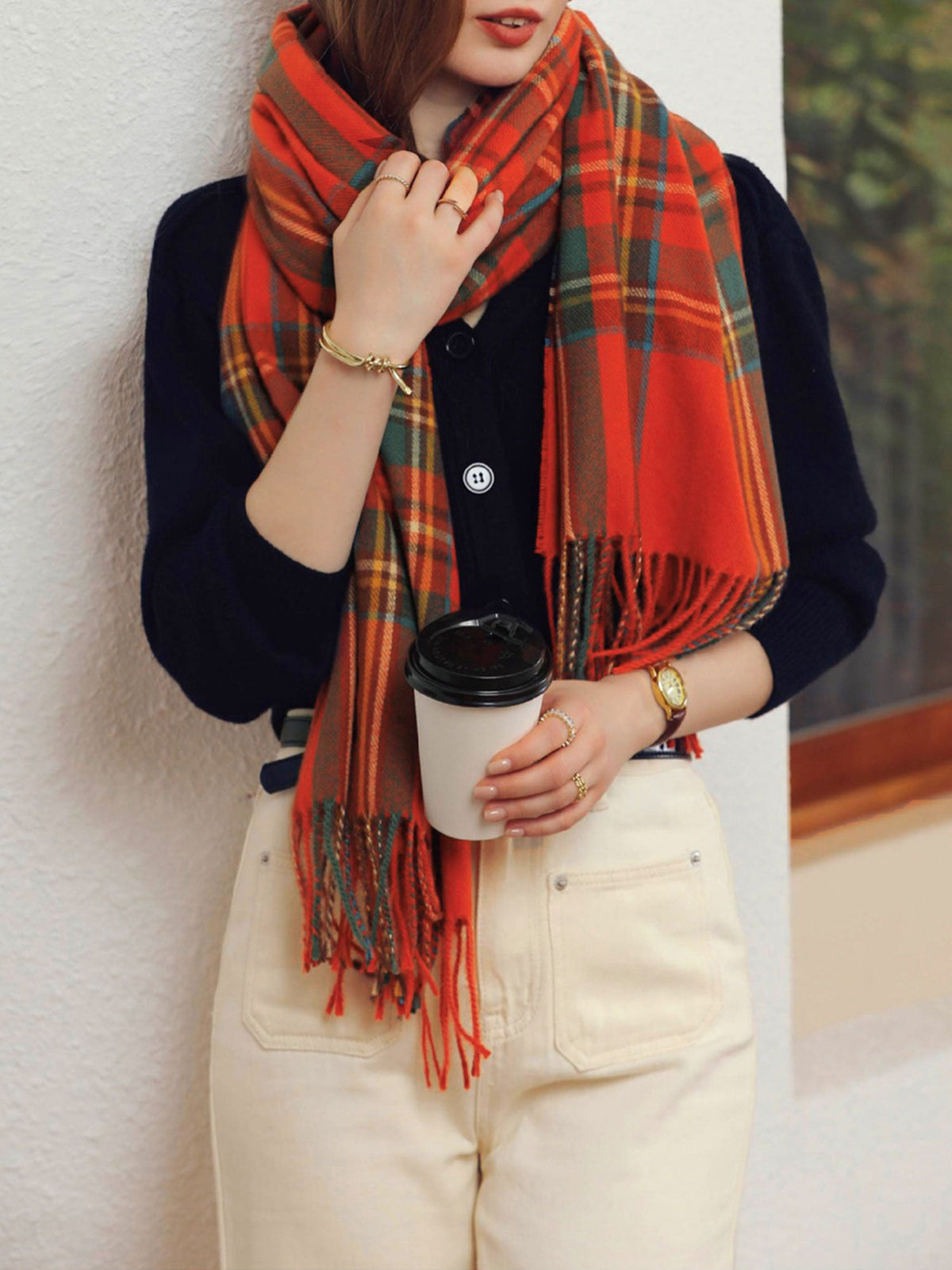 Fall Winter Geometric Plaid Tassel Scarf