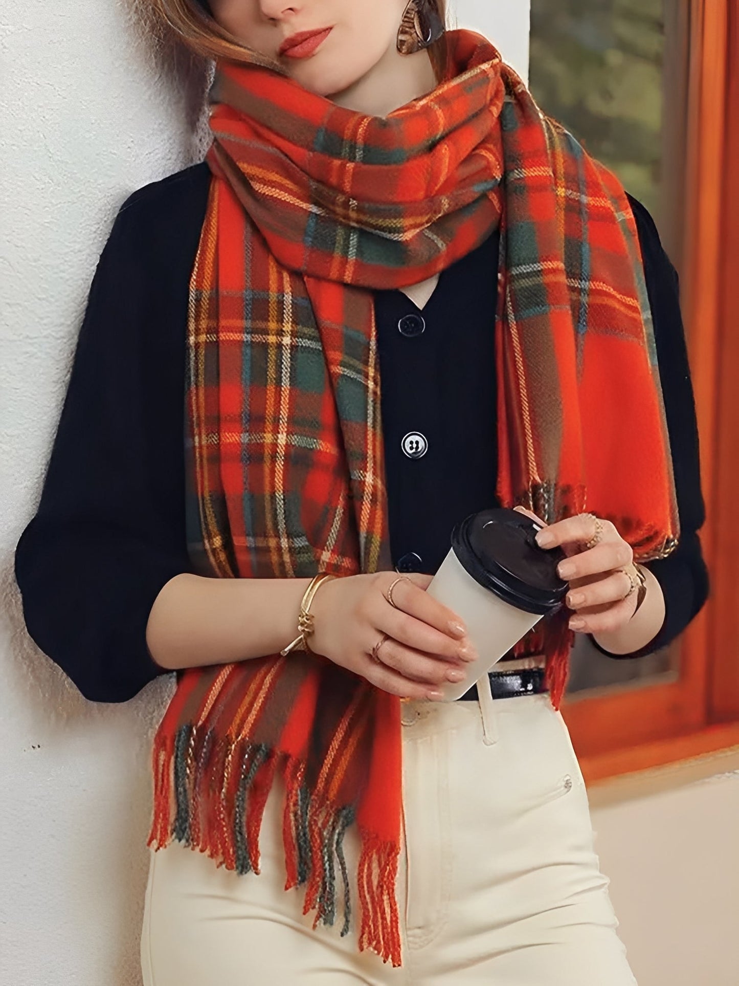 Fall Winter Geometric Plaid Tassel Scarf