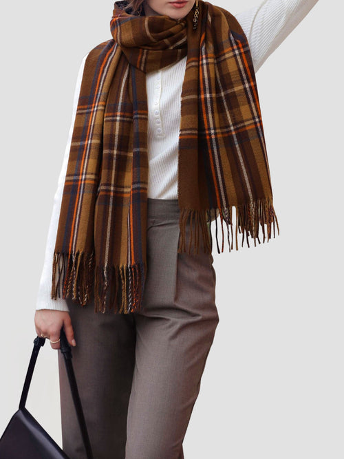 Fall Winter Geometric Plaid Tassel Scarf